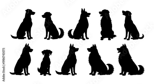 Black dog silhouette collection, set of 10 sitting canine vector icons, various dog breeds in profile view, isolated domestic pet animal shapes