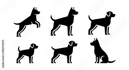 Minimalist dog silhouette icons set, black canine breed vector graphics, 6 pet animal profile symbols for veterinary and pet care branding