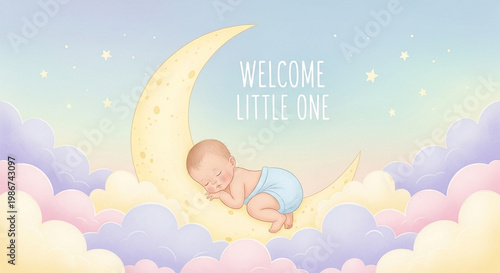 Sleeping baby rests on crescent moon surrounded by soft clouds and stars