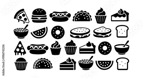 Minimalist fast food icon set, black silhouette junk food and dessert symbols, 24 vector elements for restaurant menus and digital apps