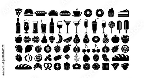 Minimalist food and drink icon set, 70 black solid vector elements, restaurant menu symbols, healthy fruit and fast food collection for web design