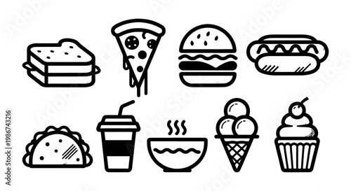 Minimalist fast food icons set, black line art food illustrations, collection of 9 vector elements for restaurant menus and delivery apps