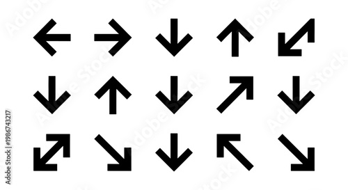 Minimalist black arrow icons set, 15 vector direction symbols for navigation, geometric pointer signs for web interface and app design