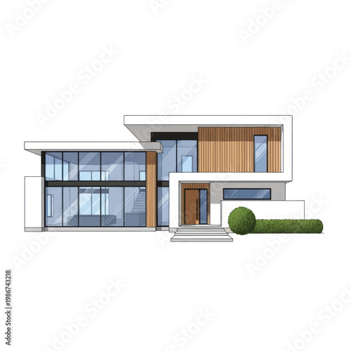 Modern two-story residence featuring glass windows, wooden cladding, and a sleek contemporary facade.