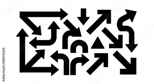 Black arrow icons set, minimalist directional vector symbols, bold geometric pointers for navigation and infographics, 16 elements collection