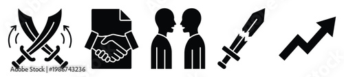 Business concept icons illustrating conflict resolution, agreement, communication, failure, and success for corporate presentations or strategic planning visuals