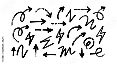 Hand drawn arrow set with black ink brush strokes, collection of 22 sketchy pointer icons and lightning bolts, decorative doodle vector elements