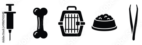 Collection of pet care icons for veterinary clinics animal shelters and pet supply stores representing essential tools for animal health and wellbeing applications