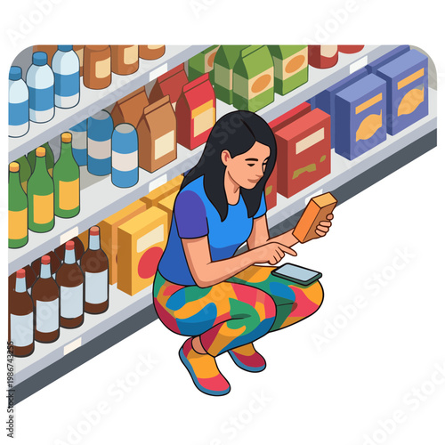 Woman crouching down examines product on shelf in supermarket aisle.