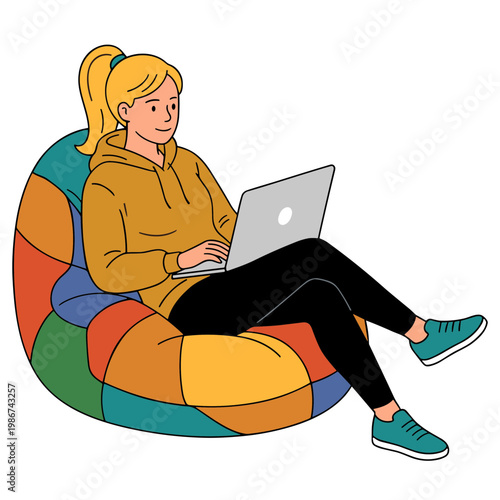 Woman sits on colorful bean bag chair using laptop indoors leisurely