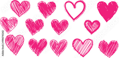 Set of Hand-Drawn Pink Heart Sketches and Doodles