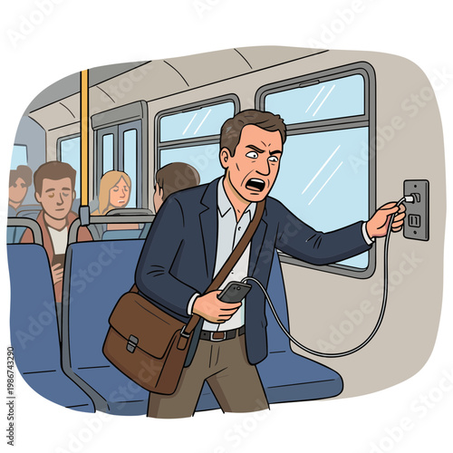 Man in a suit holds onto a pole on a train while looking scared