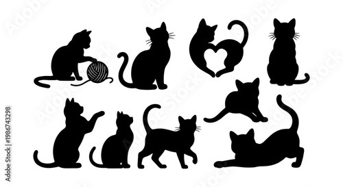 Black cat silhouette collection, set of 9 feline vector icons in various poses, domestic kitten silhouettes playing with yarn and forming heart shapes