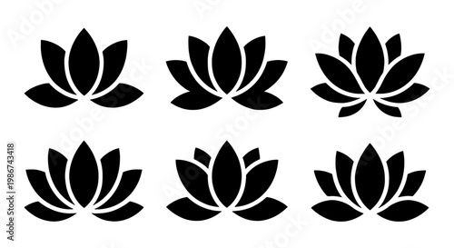 Minimalist lotus flower icons set, black floral silhouette vector graphics, collection of 6 zen lily symbols for yoga and wellness branding