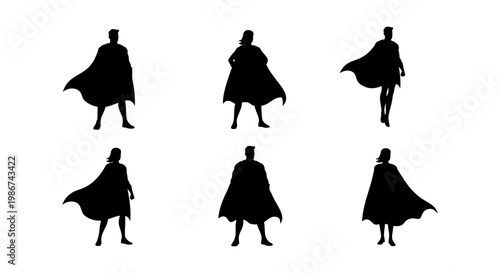 Superhero silhouette collection, set of 6 heroic male and female characters with flowing capes, black vector icons of brave figures standing in powerful poses