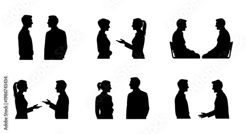 Business people silhouettes in conversation, professional men and women talking in pairs, corporate meeting and networking vector set