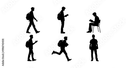 Student silhouette vector set, male university students with backpacks walking and running, young men reading and standing in black silhouettes