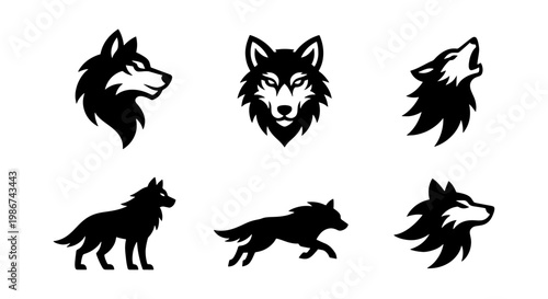 Wolf head logo icons set, black and white wild animal silhouettes, 6 vector elements of howling and running wolves for branding and sports mascots