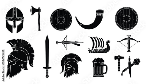 Collection of ancient warrior helmets, medieval weapons, shields, and iconic Viking longboat silhouettes representing historical warfare and legendary battles, ideal for game development,