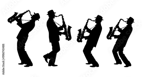 Jazz saxophone player silhouettes, black vector musician figures with saxophones, set of four male performers in fedora hats, musical concert graphics