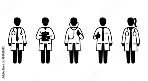 Medical doctor icons set, professional healthcare staff avatars in white coats, 5 minimalist physician vector pictograms for hospital signage