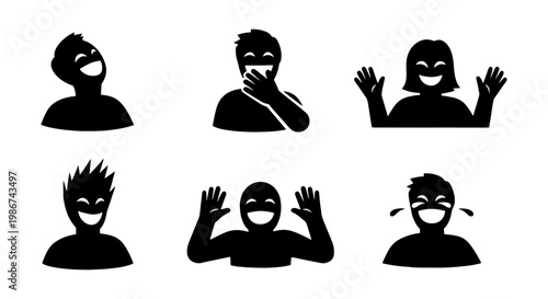 Laughing people silhouettes set, happy person avatar icons with joyful expressions, black and white human character vector collection for social media