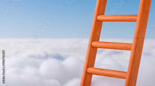 A vibrant orange wooden ladder ascends from a thick blanket of white clouds into a clear blue sky, symbolizing career advancement, high goals, and success.