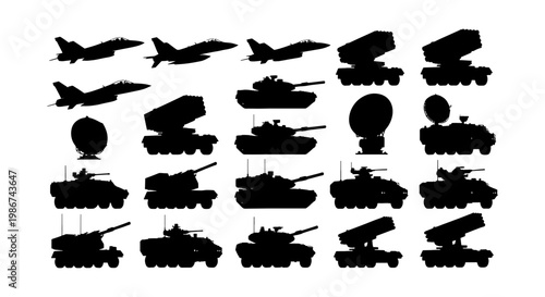 Military vehicle silhouettes set, 20 army equipment icons including tanks and fighter jets, black war machinery vector collection for tactical design
