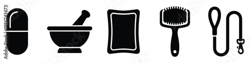 Comprehensive collection of essential pet care icons including capsule, mortar and pestle, food pouch, grooming brush, and leash for veterinary services and animal wellness resources