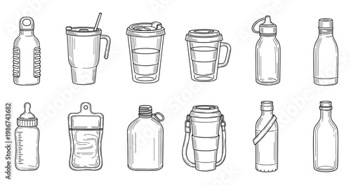 Handdrawn outline illustration collection of various reusable water bottles, travel mugs, and beverage containers for sustainable lifestyle graphics or product branding.