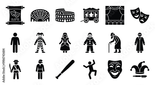 Comprehensive set of theater and drama related glyph icons showcasing performance characters masks stages and historical architectural structures ideal for educational materials and