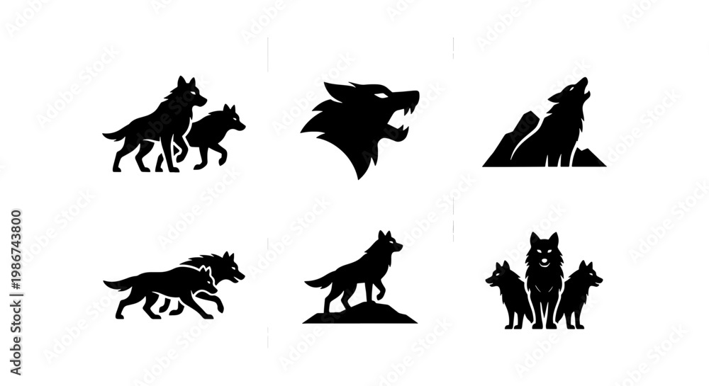 Fototapeta premium Wolf silhouette vector set, black predator icons for logo design, howling and running wild wolf pack illustrations, 6 animal graphic elements