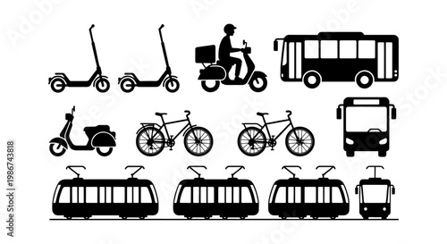 Public transport icons set, black silhouette city vehicles and urban mobility symbols, electric scooter and bicycle vector elements for transit maps