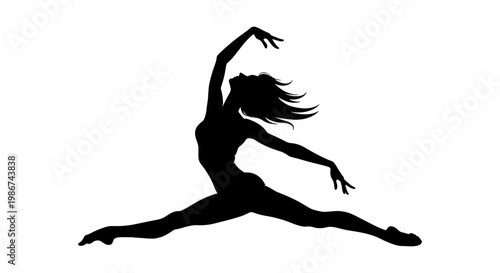 Graceful ballet dancer silhouette performing a split jump, elegant female gymnast vector, artistic contemporary dance pose on white background