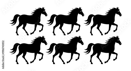 Black horse silhouette collection, set of 6 galloping stallion icons, wild mustang animal vectors, equestrian sports graphic elements