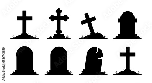 Spooky graveyard tombstone silhouettes, collection of 8 cemetery headstones and crosses, black funeral grave markers for Halloween design