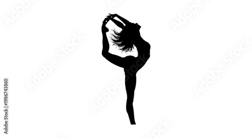 Graceful yoga silhouette of woman in king dancer pose, black vector illustration of female gymnast stretching, athletic dancer figure on white background