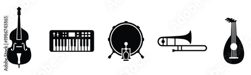 Various musical instruments including a double bass, electronic keyboard, bass drum, trombone, and lute ideal for music education, entertainment graphics, or themed presentations
