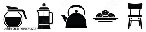 A collection of simple black and white home kitchen items perfect for graphic design projects, website icons, or informational materials about domestic life and daily routines.