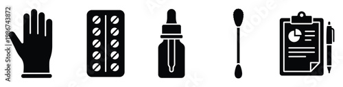 Medical healthcare icons collection for pharmaceutical supply store or hospital equipment catalog featuring protective glove pill blister dropper bottle cotton swab and clipboard with pen