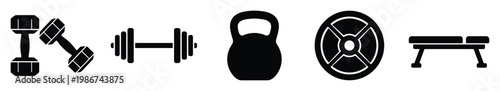 Collection of essential gym equipment icons including dumbbells kettlebell weight plate and exercise bench perfect for fitness lifestyle and workout program branding