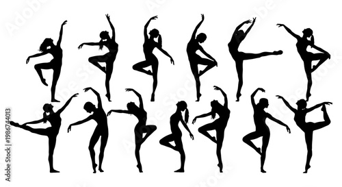 Graceful ballet dancer silhouettes set, 12 elegant female ballerina poses in black vector, artistic contemporary dance figures for performance posters