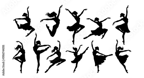 Elegant ballet dancer silhouettes, set of 11 graceful ballerina poses in vector format, black female dance figures performing classical movements