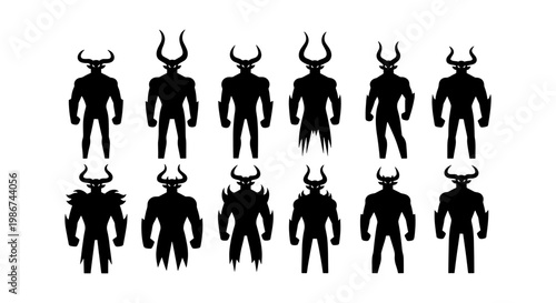 Demonic warrior silhouettes set, 12 horned devil character icons, black fantasy monster figures for gaming and horror design, mythical creature vector