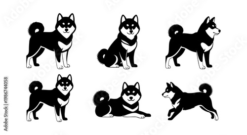 Shiba Inu dog vector set, black and tan Japanese dog breed illustrations, 6 minimalist canine poses, flat animal icons for pet branding