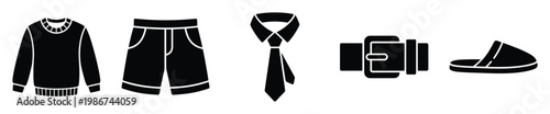 Collection of essential everyday clothing and accessory black silhouette icons including a sweater, shorts, tie, belt, and slipper for apparel store graphics and wardrobe concepts