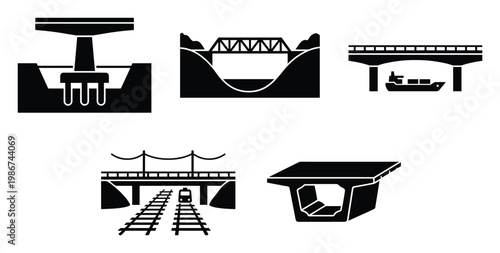 Vector silhouettes of diverse bridge structures, including overpasses, truss spans, and precast concrete elements, ideal for urban planning, civil engineering, and transportation projects.