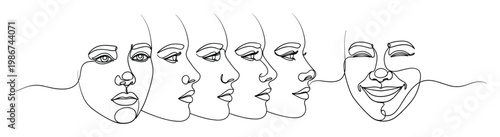 Continuous line drawing illustrating an evolution of female facial expressions from thoughtful contemplation to radiant joyful laughter, ideal for emotional wellbeing projects
