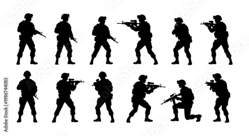 Military soldier silhouettes set, 12 tactical army infantry vector icons, armed special forces personnel in combat poses, black war fighter figures