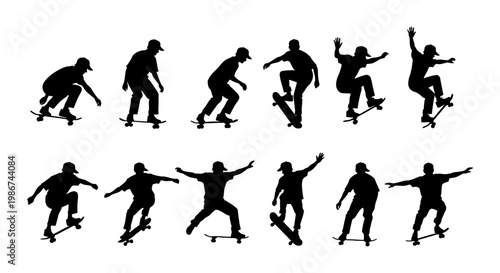 Skateboarder silhouettes set, 12 skater vector icons performing tricks and jumps, black extreme sports figures on white background